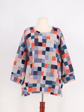 LANDS' END Patchwork Quilted Crewneck 3/4 Sleeve Jersey Sweater Size 2X